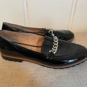 Me too patent black loafers with silver chain